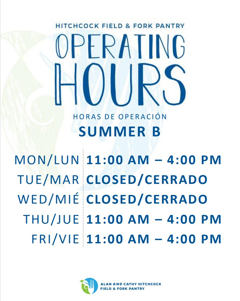 Hello and happy summer from the Field &amp; Fork pantry!🌞🍉🌻🐝
Here are the new pantry hours of operation for the summer b semester. We look forward to seeing you soon!
