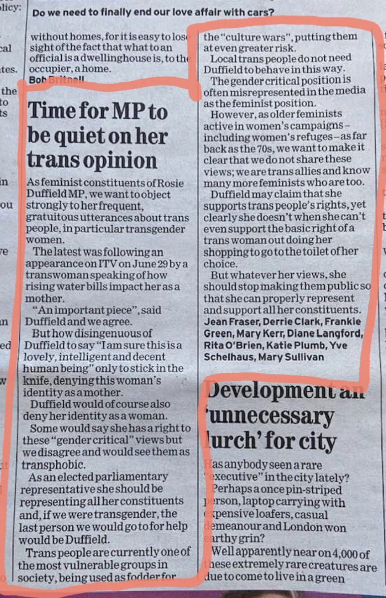 Opposition to Rosie Duffield's transphobia from Whitstable feminists in the local paper ✊️ '...as older feminists active in women's campaigns including women's refuges as far back as the 70s we want to make it clear that we do not share these views, we are trans allies...'