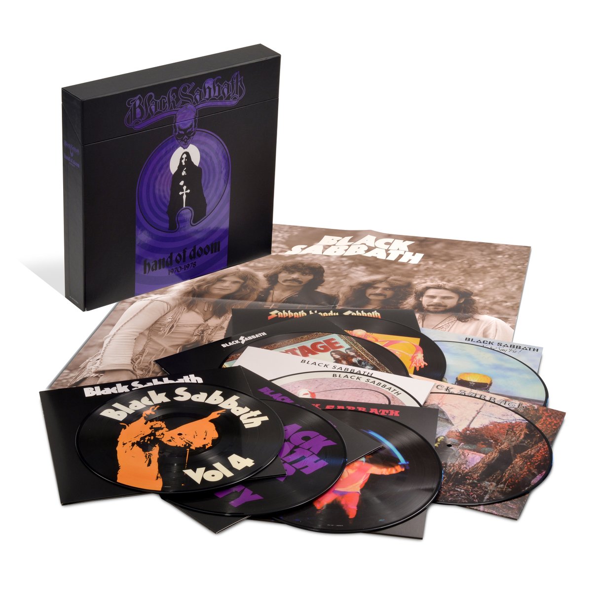“Hand of Doom 1970 – 1978 (Picture Disc Boxed Set)' is now available to pre-order from @Rhino_Records. Exclusive to the US & limited to 4,000 copies, this set contains the first 8 @BlackSabbath LPs as picture discs. Releases 18 Aug 2023. Pre-Order here: lnk.to/BS-HOD