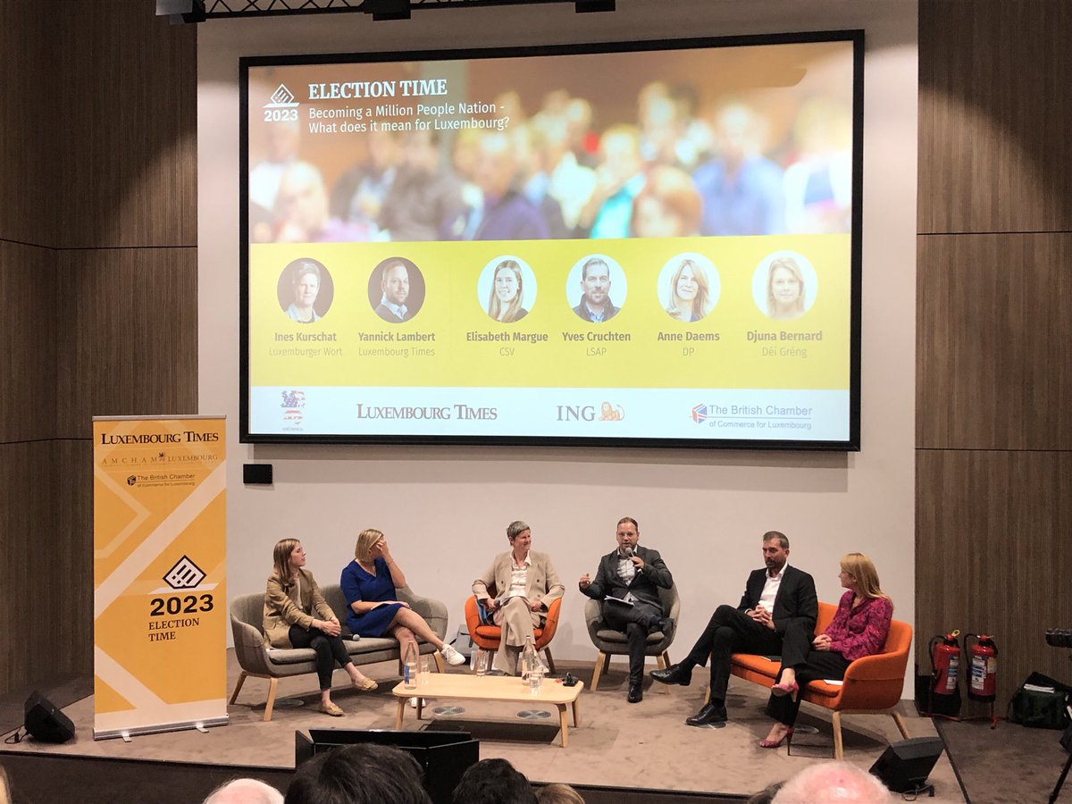 HeleddPritchard's tweet photo. A very interesting panel discussion tonight on what it means for Luxembourg to become a million-people nation ⁦@YannickLamber11⁩ ⁦@Inku_Lux⁩ ⁦@LuxTimes⁩ ⁦@AmchamLux ⁦⁦@INGLuxembourg⁩ https://t.co/wfGpFAy1w6