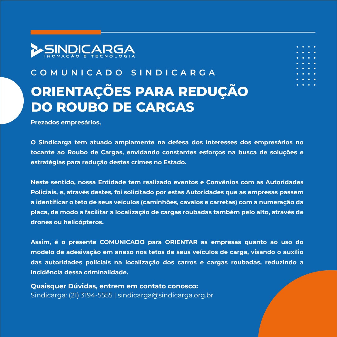 🔵ATENÇÃO AO NOSSO COMUNICADO

Orientação para redução do roubo de cargas 🚚

#sindicarga #sindicarganews #forumsindicarga #roubodecarga #disquedenuncia #cargablindada