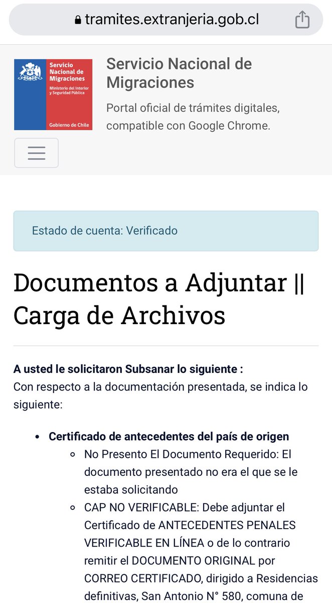 fupachile's tweet photo. A la atención del @MigracionesCL @laSubdere @min_interior por favor verifica la Plataforma https://t.co/Ne9hIqDTYQ se presenta un error al subsanar un Certificado de Antecedentes Penal de país de origen. SECCION PERMANENCIA DEFINITIVA. Gracias https://t.co/g4Pf5XYDnK