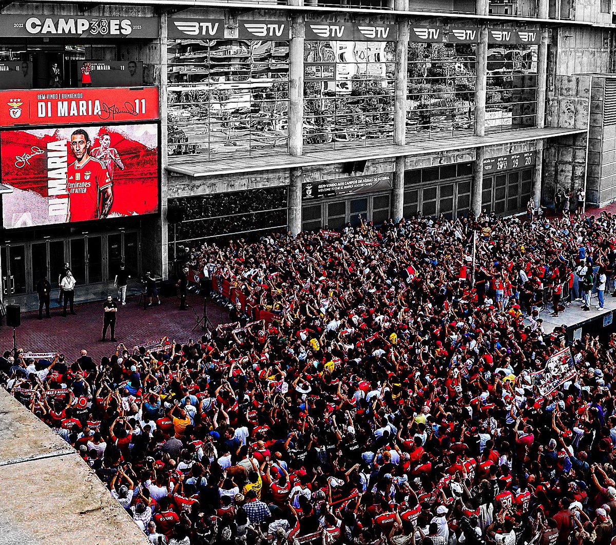 Juezcentral's tweet photo. Qué foto espectacular. Ángel Di María saludando desde el balcón del estadio a miles de aficionados que se reunieron para verlo regresar al Benfica tras 13 años.

Angelito contó que tuvo varias ofertas, pero decidió "con el corazón". Recibimiento a la altura de un campeón del mundo.