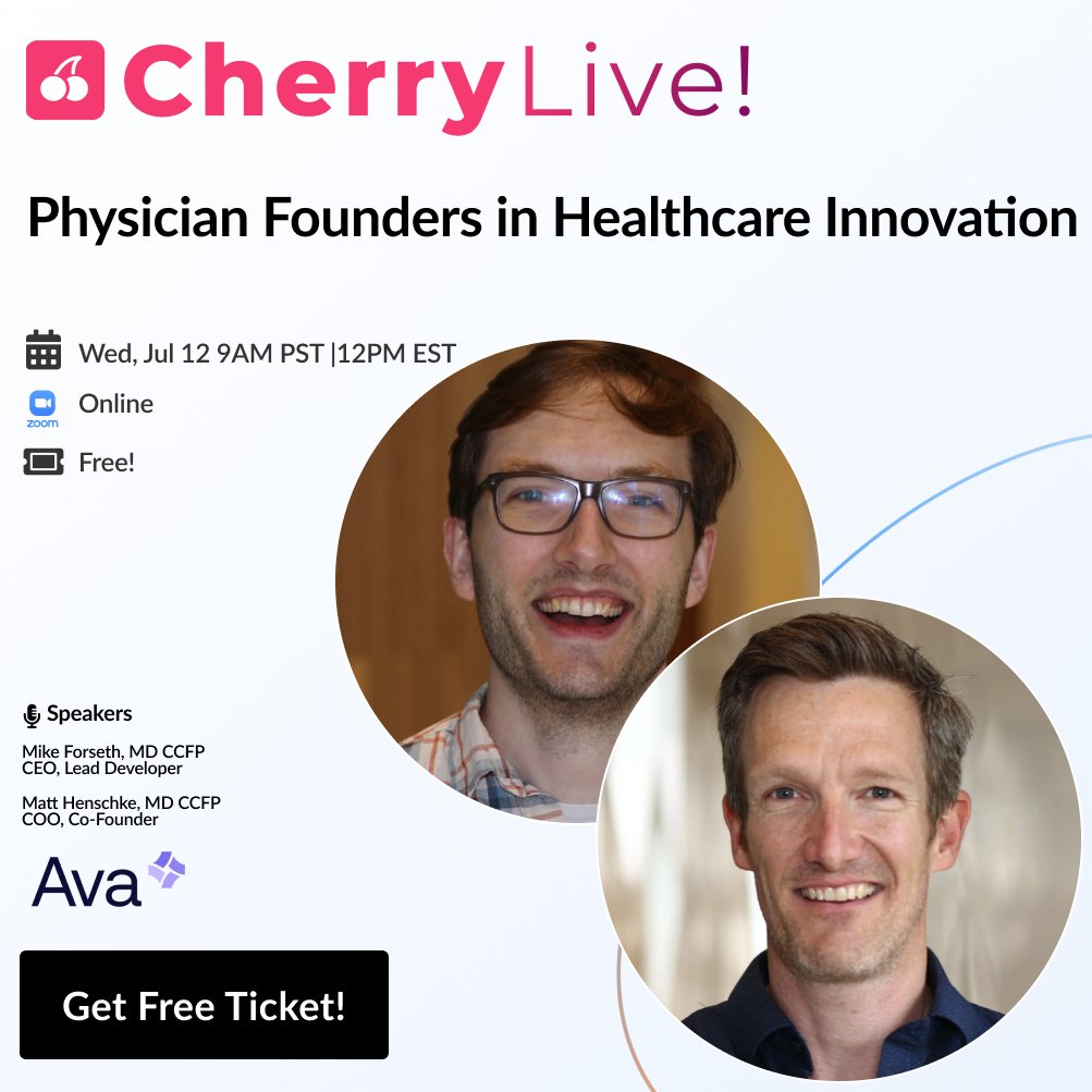 cherryhealthinc's tweet photo. ⚕️Physician Founders in Healthcare Innovation Cherry Live! zoom event with @AvaEmr| July 12th noon EST | Get Your Free Ticket✨ https://t.co/nVy71grFhD #cherryhealth #cherryhealth #avaemr #cherrylive #canadahealthcare #cdnhealth https://t.co/j3v5FxneAA