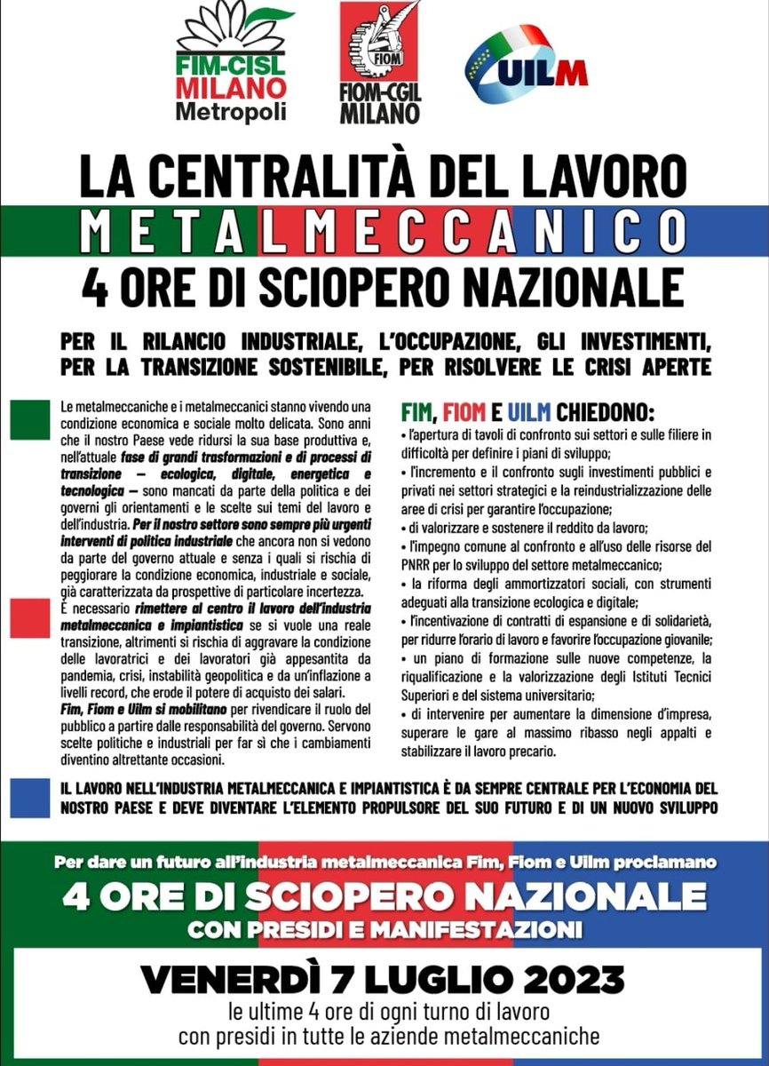 FimMilanoMetro's tweet image. 📣Domani 4 Ore di Sciopero Nazionale dei Metalmeccanici per:

📌IL RILANCIO INDUSTRIALE 
📌L'OCCUPAZIONE 
📌GLI INVESTIMENTI
📌LA TRANSIZIONE SOSTENIBILE 
📌RISOLVERE LE CRISI APERTE

#scioperonazionale 
#fimcislmilanometropoli 
#fimcisllombardia 
#fimcislnazionale