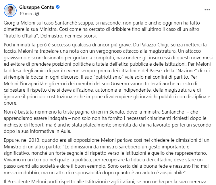 ultimora_pol's tweet photo. Caso #Delmastro, Giuseppe #Conte (#M5S): Da Palazzo Chigi, senza metterci la faccia, #Meloni fa trapelare una nota con un vergognoso attacco alla magistratura. Un attacco gravissimo e sconclusionato per gridare a complotti. Per Meloni la difesa degli amici di partito viene sempre prima dei cittadini e del Paese, della "Nazione" di cui si riempie la bocca in ogni discorso. Il suo "patriottismo" vale solo nei confini di partito"

@ultimora_pol