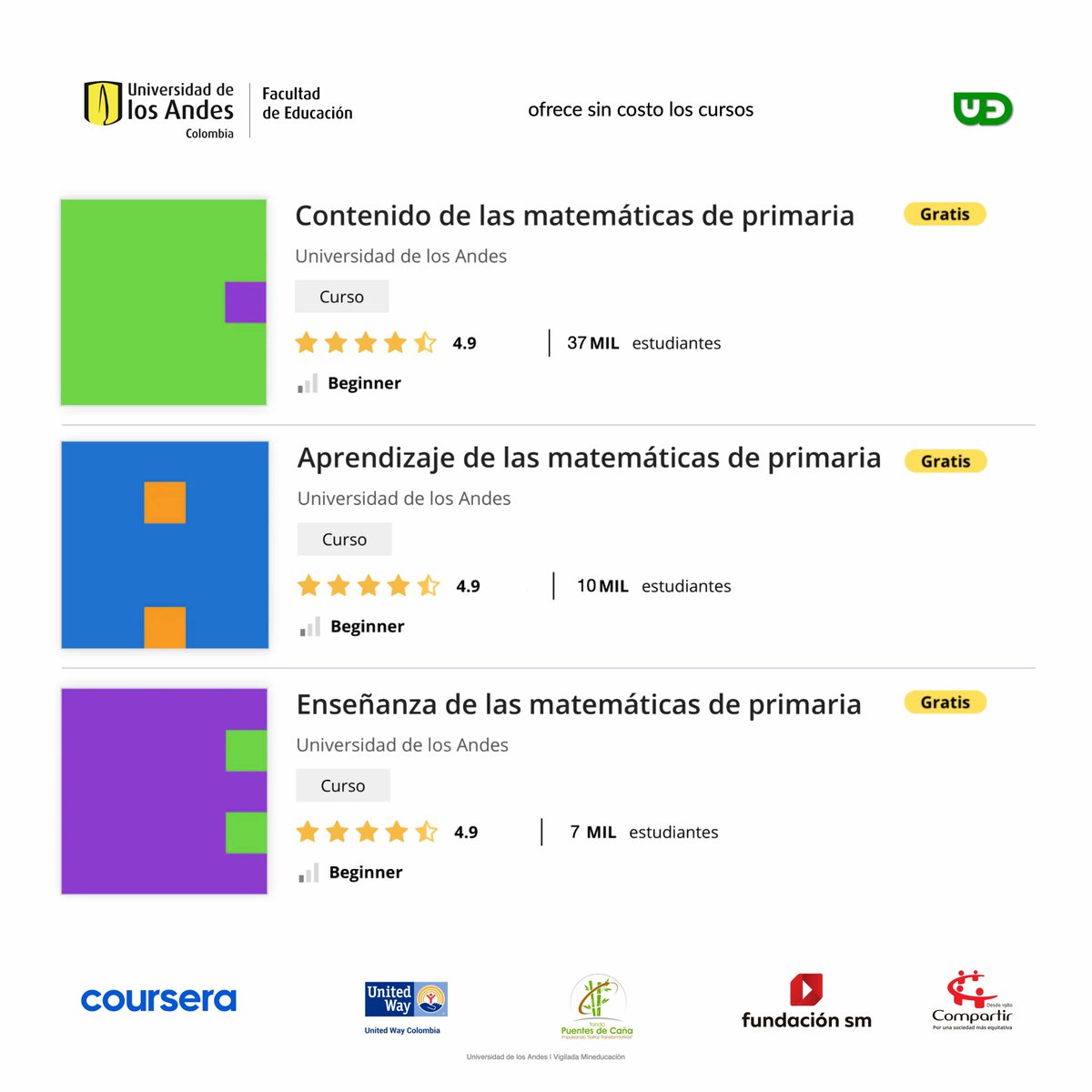 Gracias por formar parte del programa Educación Matemática para profesores de primaria.
Si aún no estás inscrito, ingresa a bit.ly/2UoWLIj 

<a href="/coursera/">Coursera</a> <a href="/FCompartirCol/">Fundación Compartir</a> <a href="/FacuEducacion/">Facultad Educación | Uniandes</a> <a href="/Fundacion_SM/">Fundación SM</a> #primaria #educaciónprimaria #matemática #educaciónmatemática  #mooc