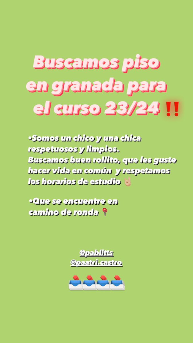 pablitts_'s tweet photo. BUSCAMOS PISO EN GRANADA!!!
Curso 23/24, que se encuentre en camino de ronda, cualquier cosa enviadme un mensaje a mi o a @paatri23_
#pisogranada #granada #ugr #cotilleosugr https://t.co/ijsCIXWLoi