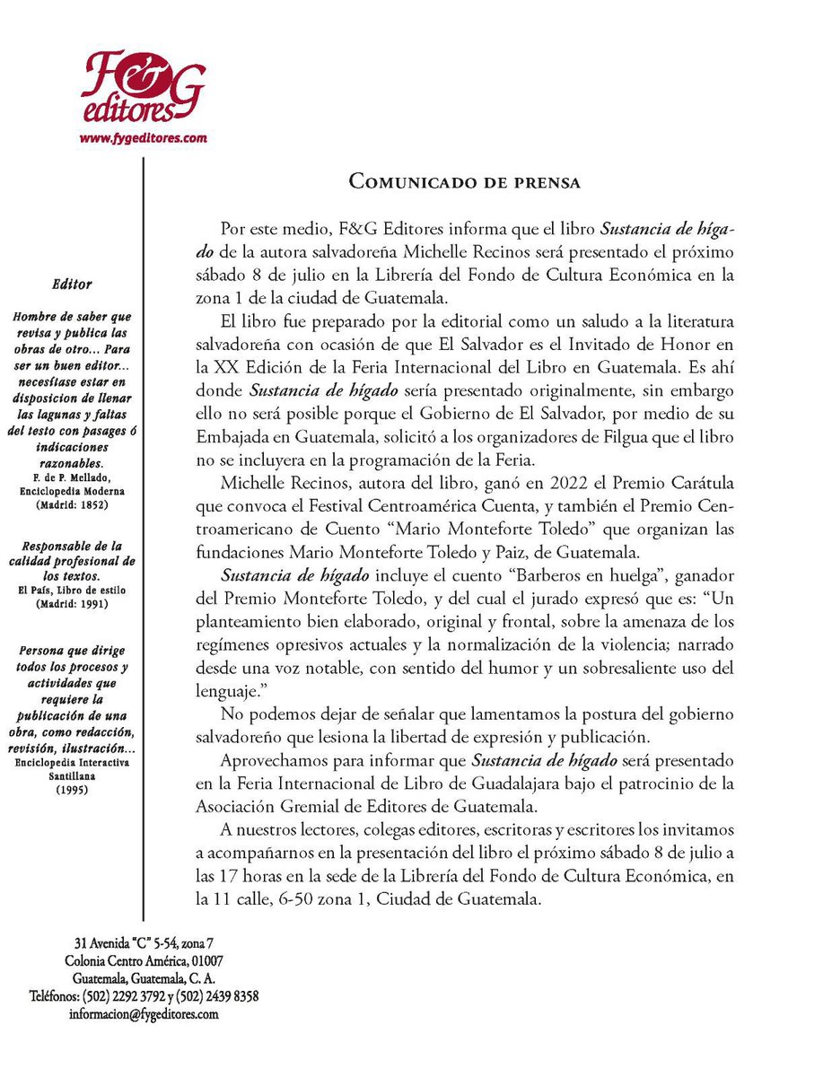 ❌El gobierno de El Salvador, pidió excluir la presentación del libro Sustancia de Hígado, de la escritora salvadoreña Michelle Recinos, de la Feria Internacional del Libro -FILGUA-📚📖

👉🏽<a href="/FyGEditores/">F&G Editores</a> señala que la postura del gobierno salvadoreño vulnera la libre expresión.🙅🏽‍♀️✍️