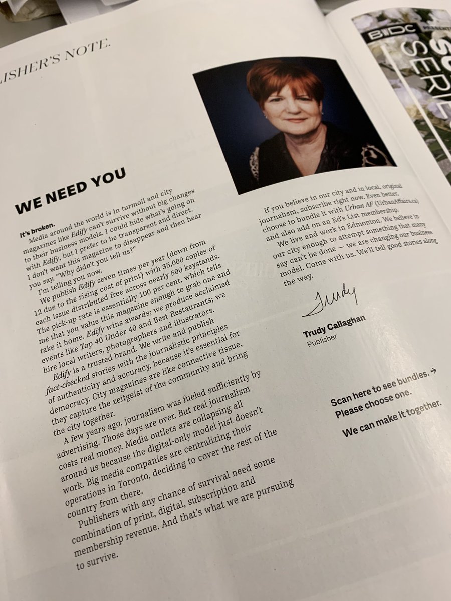 In other not great journalism news, Edify, Edmonton’s glossy lifestyle magazine, has a pretty dire publisher’s note in the latest issue.