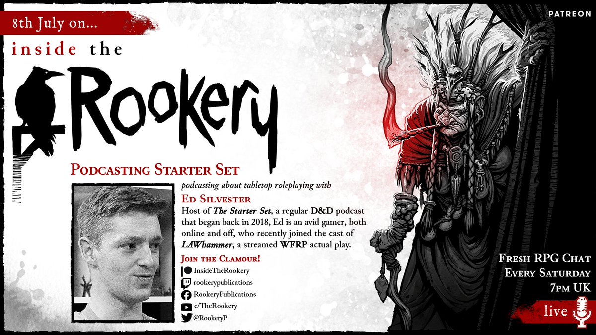 RookeryP's tweet image. This week #InsideTheRookery we're joined by @StarterSetShow host and @LAWhammering cast member Ed Silvester! 

Ed's going to talk to us about Starter Set, #dnd5e #Beowulf &amp;amp; #WFRP, so if you've got #podcasting or #ActualPlay questions we'd love to hear from you! 

#TTRPG #RPG