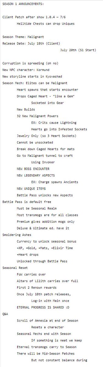 Here's the <a href="/Diablo/">Diablo</a> Season 1 Announcements summary. #DiabloIV 

My summary Video: youtube.com/watch?v=31zDyg…
