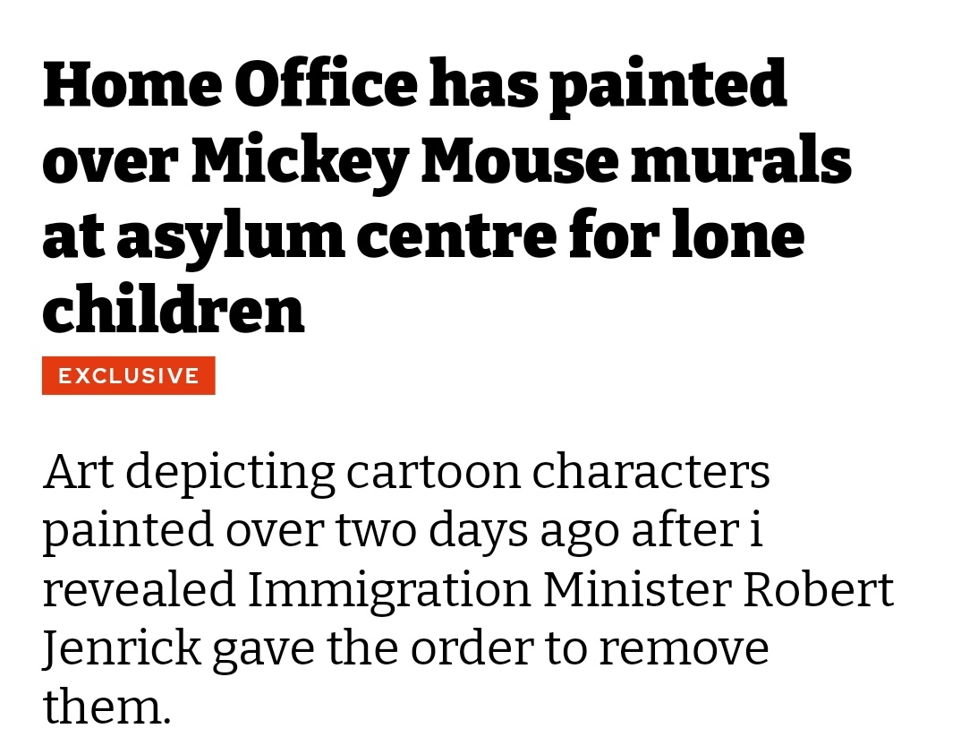 Parody_PM's tweet photo. Robert Jenrick ordered murals in a centre for lone children to be painted over because they were "too welcoming".
Just in case anyone didn't realise what heartless, vindictive shits we are. https://t.co/JpKcsUSxgN