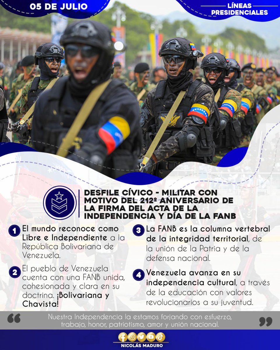 El Presidente <a href="/NicolasMaduro/">Nicolás Maduro</a> en el desfile cívico - militar con motivo a los los 212 años de la firma del Acta de Independencia  y el Día de la FANB, instruyó cuatro líneas presidenciales. 

#IndependenciaONada