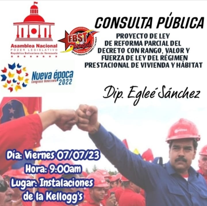 En el marco del cronograma nacional de las Consultas Públicas de la Reforma de la Ley de Vivienda, este #7Jul, en las instalaciones de la Kelloggs corresponde la jornada del estado Aragua.
Encabezan las diputadas <a href="/lanegraeglect/">Egle Sanchez</a> y <a href="/laproletaria/">LUZ COROMOTO CHACON</a>.

#TrabajadoresEnResistencia