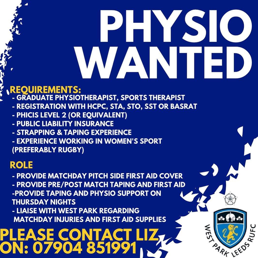 We are looking for a match day physiotherapist to join our ladies team. 

Please get in touch if you are interested for more details.👇🏼👇🏼