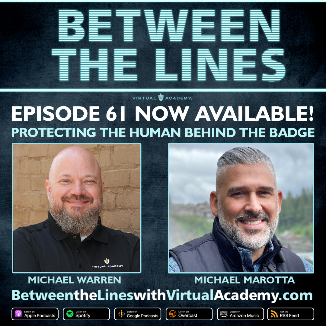 VA_BTLPodcast's tweet image. Episode 61 is now available!

This week, Michael Marotta, former San Antonio PD officer and current Training Coordinator for @1sthelporg  joins the podcast as guest.

Listen now at betweenthelineswithvirtualacademy.com or download the episode using your favorite podcast provider.

#FirstHELP