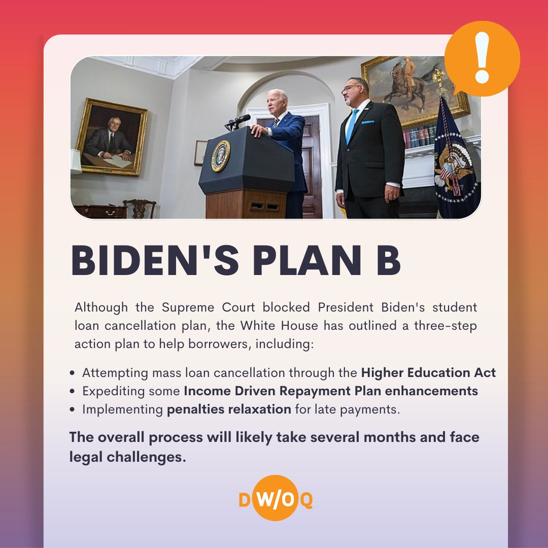 docswoquarters's tweet photo. 🏛️ Breaking News! The Supreme Court has blocked President Biden's student loan cancellation plan, but the White House isn't giving up!  Check out the blog post for more details at: https://t.co/Jj80XwIyc3.

 #DWOQ #tildebtdouspart #StudentLoans #ActionPlan #BidenAdministration https://t.co/iryF44SzFN