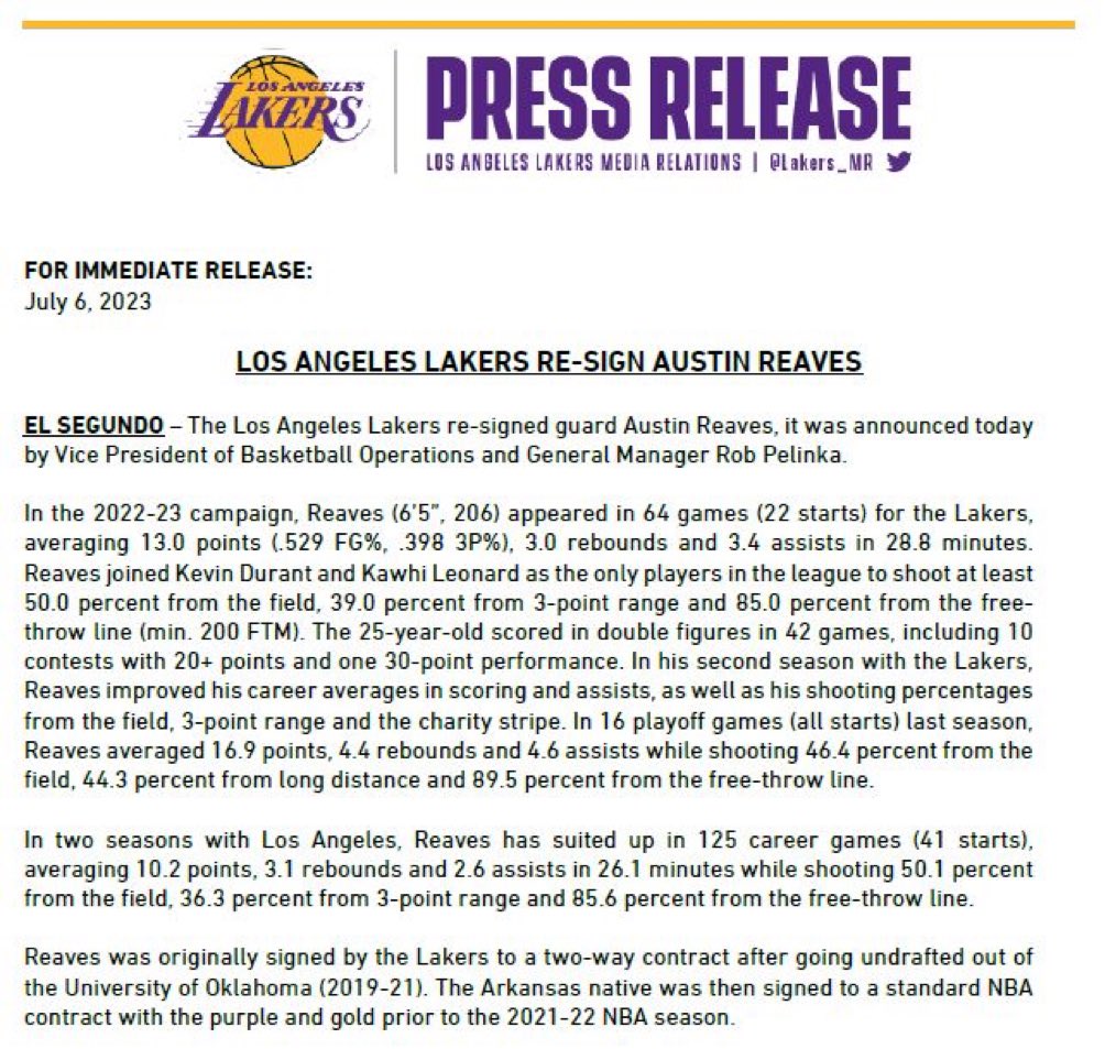 Lakers Sign Austin Reaves to Standard NBA Contract