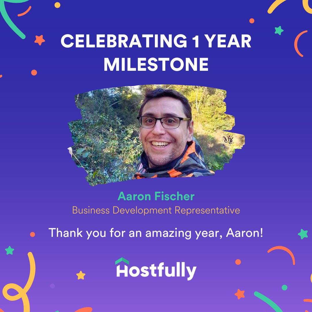 hostfully's tweet photo. 🎉 Join us in celebrating Aaron's 1-year anniversary at Hostfully! 🥳

Aaron is a problem-solving powerhouse who loves staying one step ahead of any challenges that come his way.  Thank you for an amazing year, Aaron! Here to many more 🙌 
#HostfullyTeam #Anniversary #remoteteam https://t.co/8VZcKusxzf
