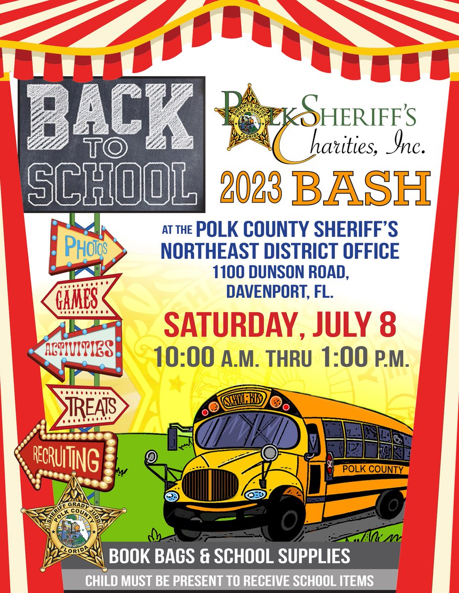 PolkSchoolsNews's tweet photo. This is dispatch, we're getting reports of back-to-school activity this Saturday in Davenport. Please check the flyer and BOLO. 🚨 https://t.co/1Q8MV2dAKE