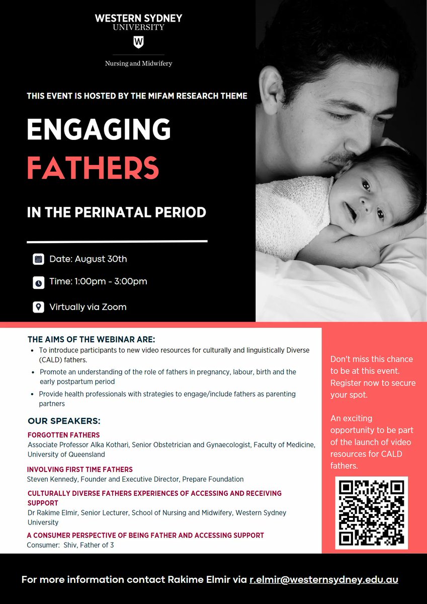 Hosted by the MiFam Research Theme - Engaging Fathers in the Perinatal Period.

This Zoom webinar will be held on 30th August from 1 PM.  Please register via the QR code below.😀 #wsusonm #fathers
