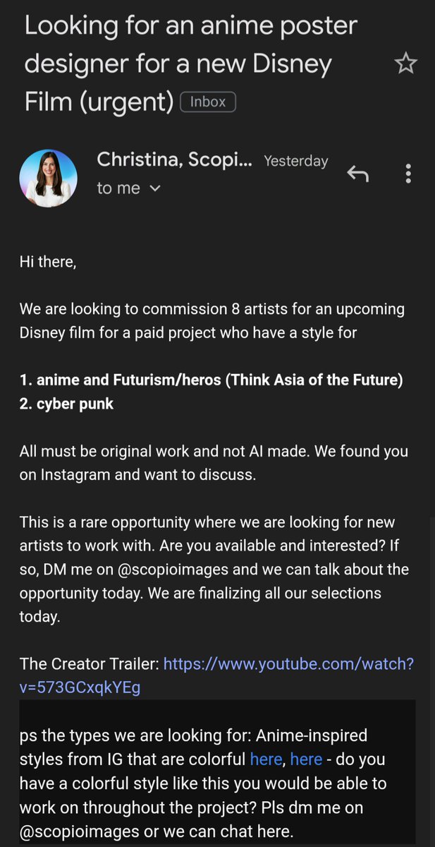 🚨ARTISTS BEWARE🚨 Last night I was contacted by the CEO of a company called Scopio, under the guise of a job opportunity. Immediately I sensed something fishy, but I sent my usual new client response that I 'd be capable of doing the job and would like more information.