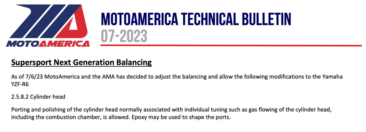 MotoAmerica issued a new Competitor Bulletin today, which allows porting and polishing of the cylinder head on the Yamaha YZF-R6 and brings the bike more in line with @FIM_live World Supersport rules. #SupersportNextGeneration #Balancing