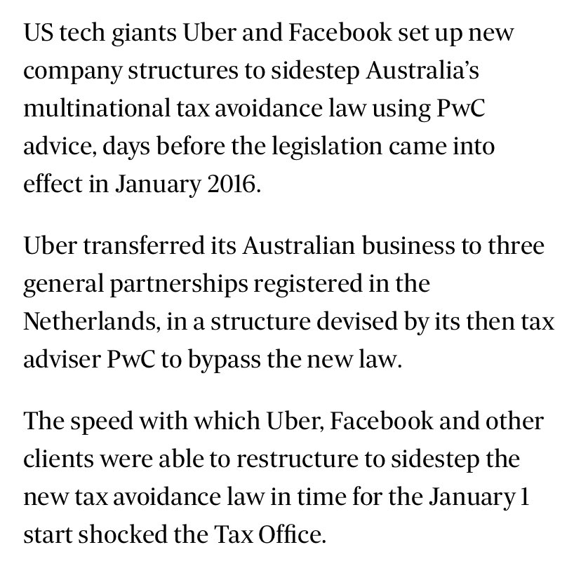 Mark Di Stefano (@markdistef) on Twitter photo There it is. Scoop from <a href="/NeilChenoweth/">Neil Chenoweth</a>:
Uber and Facebook set up convoluted new structures to get around Australia’s tax avoidance laws, using advice from PwC.
PwC gave clients a head start using confidential government plans.
afr.com/companies/prof… There it is. Scoop from <a href="/NeilChenoweth/">Neil Chenoweth</a>:
Uber and Facebook set up convoluted new structures to get around Australia’s tax avoidance laws, using advice from PwC.
PwC gave clients a head start using confidential government plans.
afr.com/companies/prof…