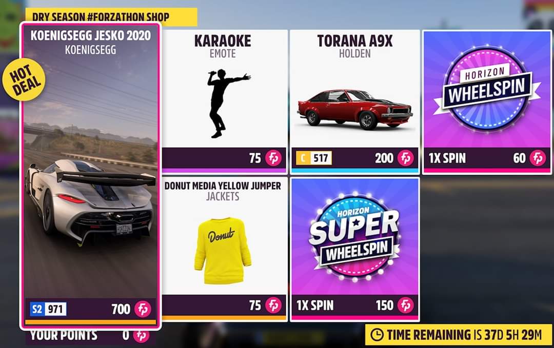 ForzaHorizon5UK's tweet photo. #Forzathon Shop
Series 22 - Dry Season
'20 Koenigsegg Jesko - 700fp
Holden Torana A9X - 200fp
Karaoke (Emote)
Donut Media Yellow Jumper (Jackets)
#H5FB #Forza #Horizon #FH5 #DrySeason #Series22 #UpgradeHeroes https://t.co/V6ftx7ZFoD