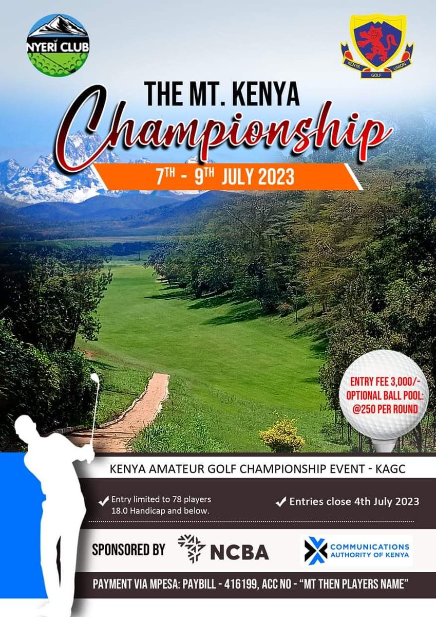 NyeriClub's tweet photo. The Annual KAGC Mt Kenya Championship commences tomorrow with a star studded field of Kenya's best amateur golfers.

 The 3 day event has been proudly sponsored by NCBA and Communications Authority of Kenya. The defending champion Chris Andrea will be on the course too https://t.co/IAdPpL94vL