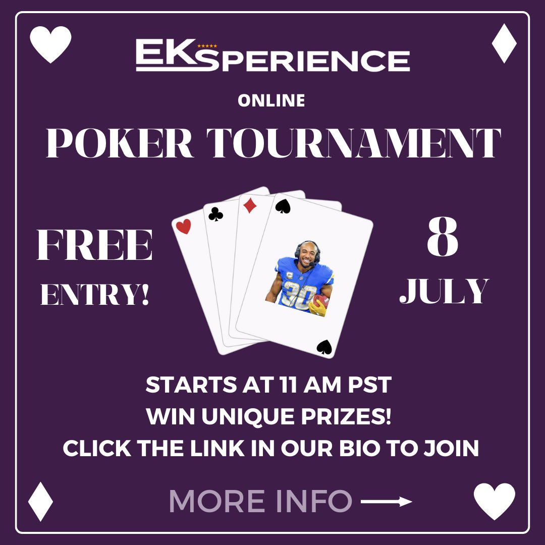 Eksperience_'s tweet photo. THIS SATURDAY, JOIN THE FIRST EVER EKSPERIENCE POKER TOURNAMENT!!! Itβs FREE ENTRY and starts at 11am PST! Hang with Eksperience talent, win unique prizes, and have a great time!! Click the link for more info!!
https://t.co/rupm5aL4iZ
#pokertournament #eksperience https://t.co/ROF4KzUpKM