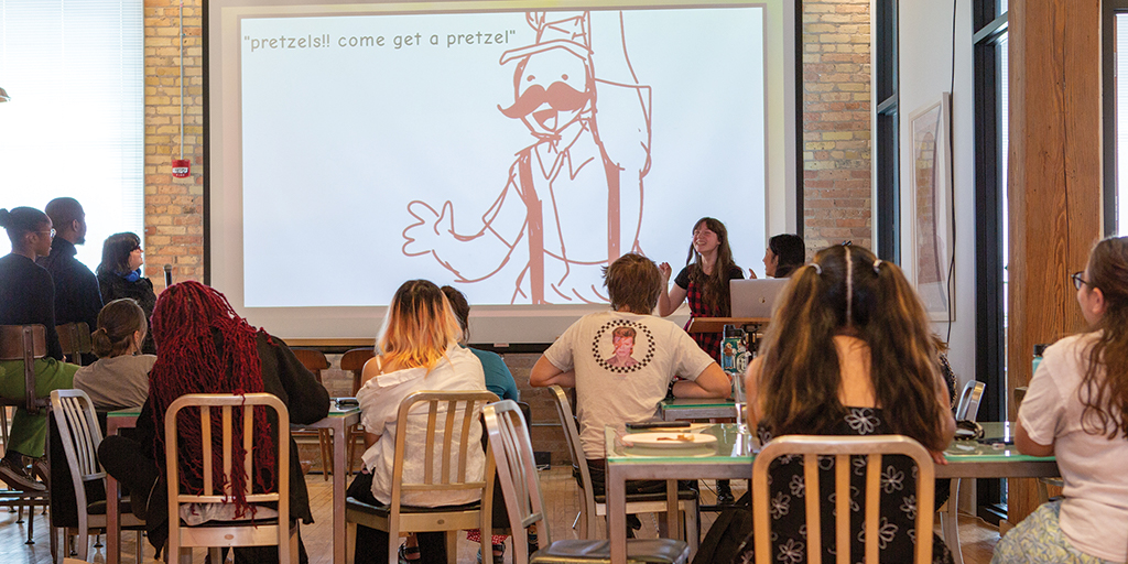 hansondodge's tweet photo. It’s our third year partnering with @MIAD_edu to introduce a new, more diverse generation to advertising. The interns attended panels and were given hands-on training before presenting concepts to @mkepretzel after a delicious taste test, of course. #hansondodge #hdleaps #interns https://t.co/Vl0R0vYljS