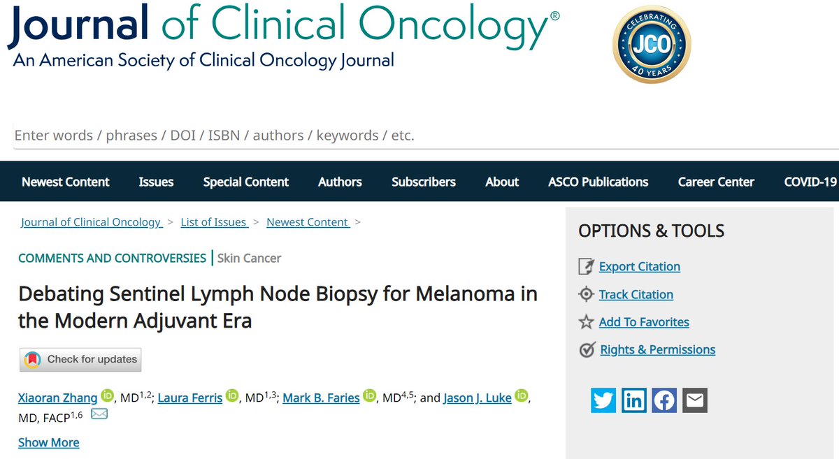 Jason Luke, MD, FACP (@jasonlukemd) on Twitter photo Interested in #melanoma community feedback debating SLNB. <a href="/JCO_ASCO/">Journal of Clinical Oncology</a> <a href="/SocSurgOnc/">Society of Surgical Oncology</a> Plz read/comment!
Is surgical procedure justified to improve regional recurrence if does not guide OS or adj therapy recs? <a href="/zel_zhang/">Zel Zhang M.D.</a> <a href="/drlauraferris/">Laura</a> <a href="/MarkFariesMD/">MarkFariesMD</a> Free access👇
ascopubs.org/doi/full/10.12… Interested in #melanoma community feedback debating SLNB. <a href="/JCO_ASCO/">Journal of Clinical Oncology</a> <a href="/SocSurgOnc/">Society of Surgical Oncology</a> Plz read/comment!
Is surgical procedure justified to improve regional recurrence if does not guide OS or adj therapy recs? <a href="/zel_zhang/">Zel Zhang M.D.</a> <a href="/drlauraferris/">Laura</a> <a href="/MarkFariesMD/">MarkFariesMD</a> Free access👇
ascopubs.org/doi/full/10.12…