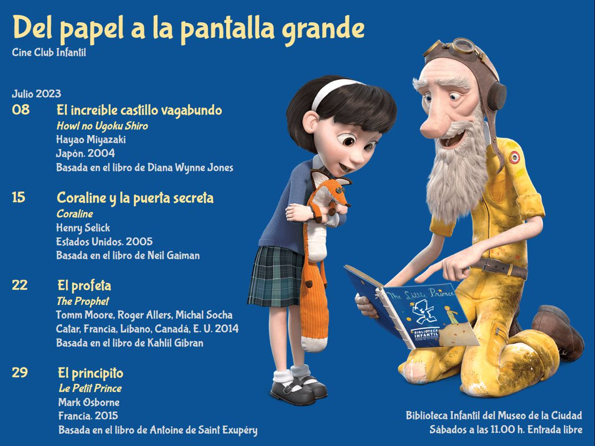 #Cine | Ciclo: Del papel a la pantalla grande 🖍🧾
📅 Funciones: sábados de julio, 🕚11:00 h
🎟 Entrada libre
📍Biblioteca Infantil Museo de la Ciudad