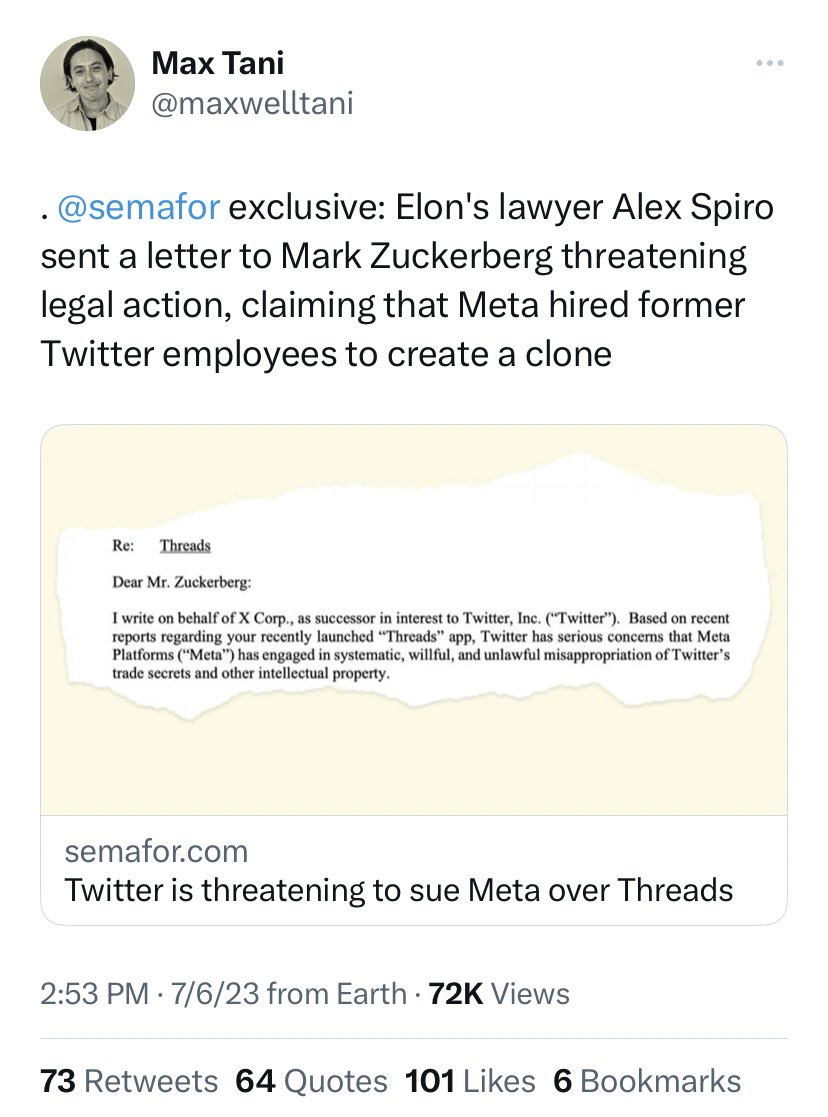 MattBinder's tweet photo. Twitter is threatening legal action against Meta over Threads

in November, Elon Musk mocked laid off Twitter employees, saying “their immense talent will no doubt be of great use elsewhere”

well, apparently some went to Meta to build Threads &amp; Musk now has a problem with that https://t.co/JZwTcNihXI