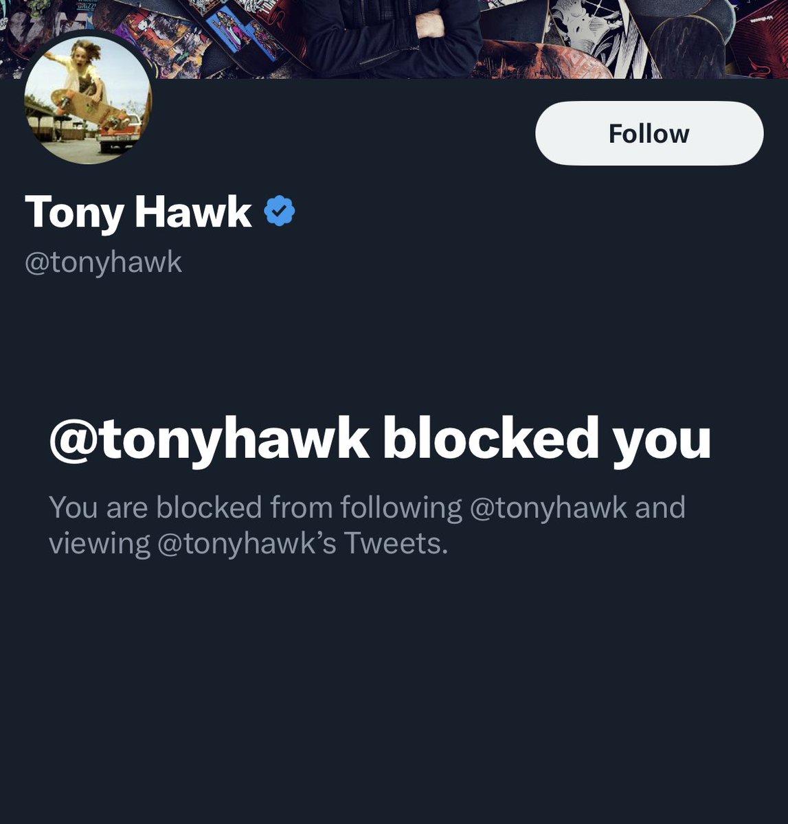 live105fm's tweet photo. Hey @tonyhawk we’ve been back for a month, can you unblock us? https://t.co/B28mC8Yhjf