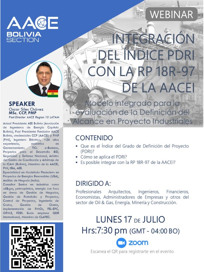 AACE_bolivia's tweet photo. 🔊 Webinar AACE Bolivia - lunes 17de julio 2023 🔊

📌 "INTEGRACIÓN DEL ÍNDICE PDRI CON LA RP 18R-97 DE LA AACEI"

📌 Link registro libre en este link o el QR:
https://t.co/Y9SODW99u4

INGENIERIA DE COSTOS BAJO ESTANDARES AACEI https://t.co/z7FwqMzkpy