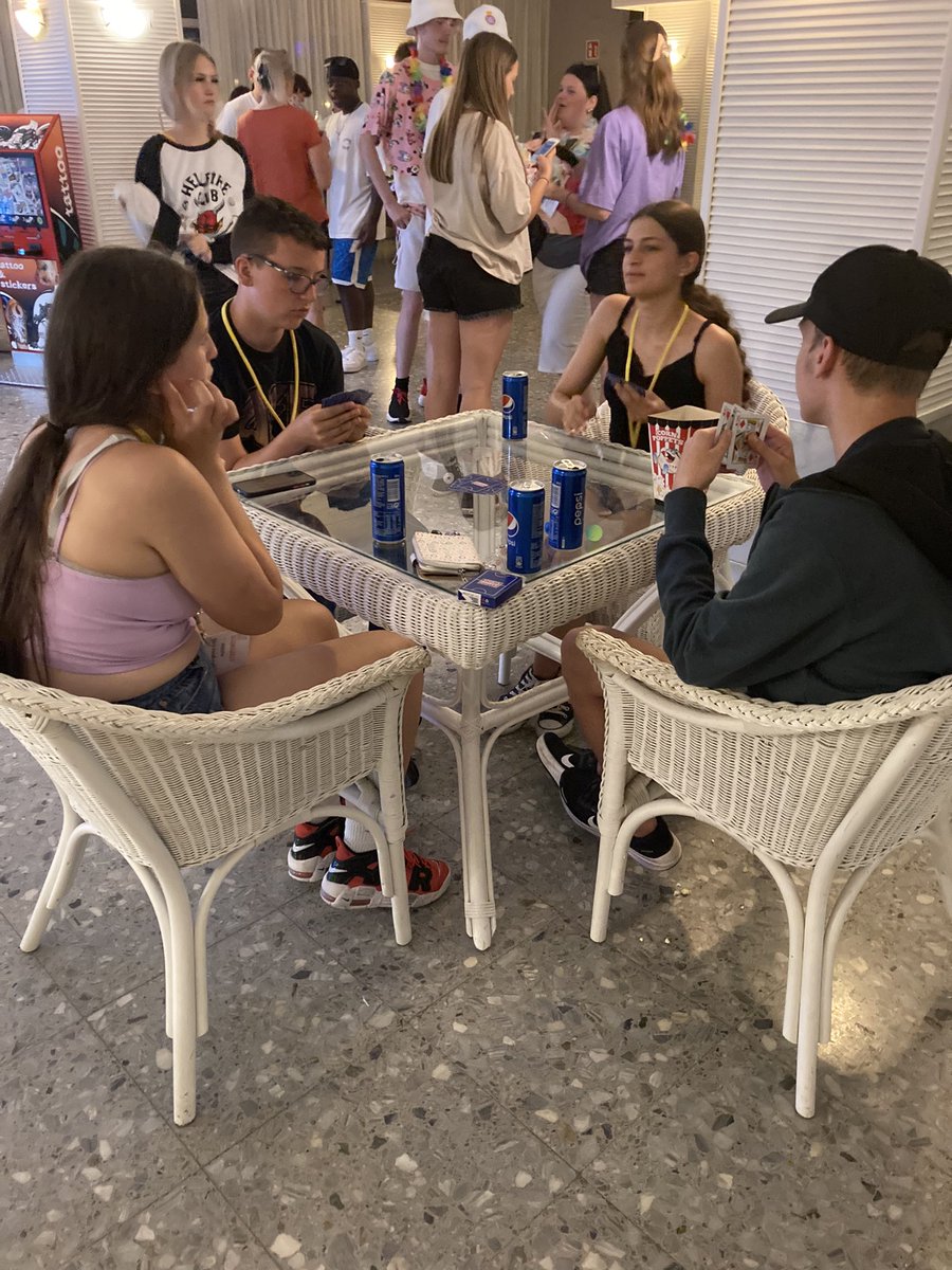 SWHSPE's tweet photo. Our last night in Barcelona 😞 

Cards, Pool a few soft drinks 🍹 

Also a shirt swap challenge 👕

@SWHSMFL #whatatrip! https://t.co/Xi6RCkAgsL