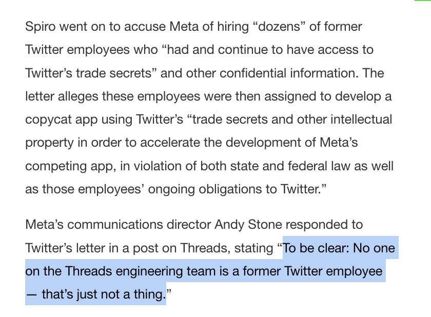 GergelyOrosz's tweet photo. I remember when Chief Twit wrote "I would like to apologize for firing these geniuses. Their immense talent will no doubt be of great use elsewhere."

The irony on how now Twitter is now suing Meta alleging that some of these people built Threads.

The double twist? They did not! https://t.co/XI5bXWeVtF