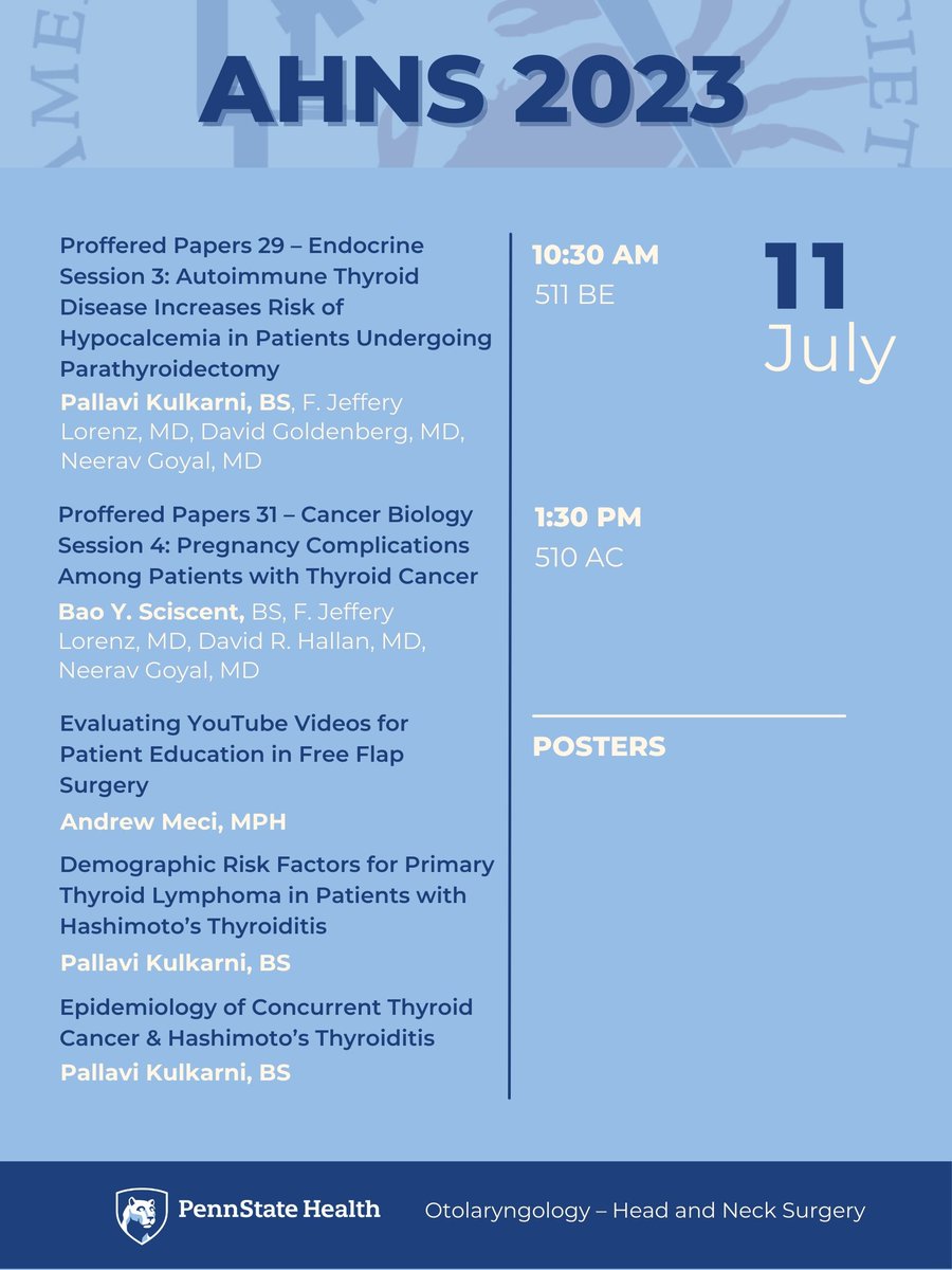 Mark your calendars! 📆 Several great presentations and posters from <a href="/PSH_OTO/">Penn State Otolaryngology - Head and Neck Surgery</a> at the <a href="/AHNSinfo/">AHNS</a> 11th International Conference on Head and Neck Cancer. #AHNS2023