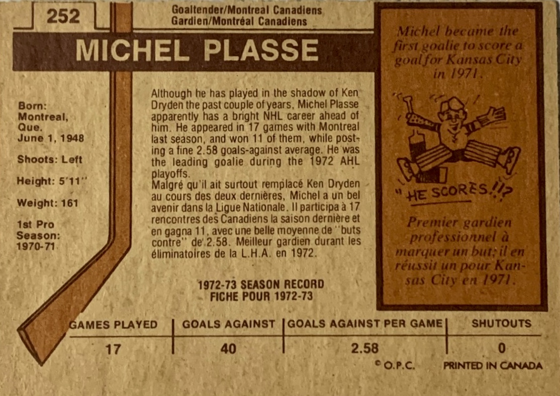 thebacksofcards's tweet photo. 1973-74 O-Pee-Chee Michel Plasse. Started all the goal scoring by professional goalies. Dryden's backup.  Played for 6 NHL teams including his first and only game with STL in 1970-71. https://t.co/TO6MbHmdqj