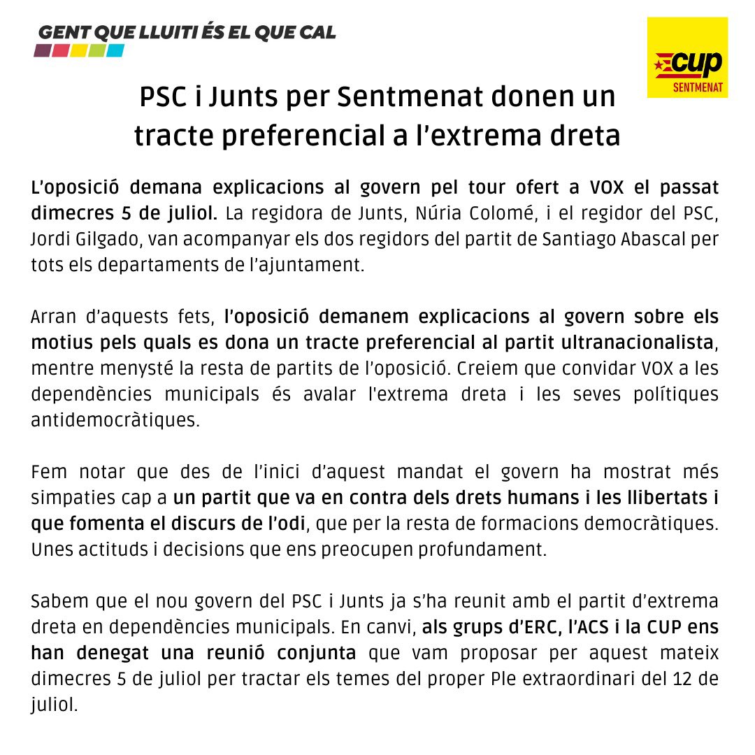 [COMUNICAT] PSC i Junts per Sentmenat donen un tracte preferencial a l’extrema dreta.