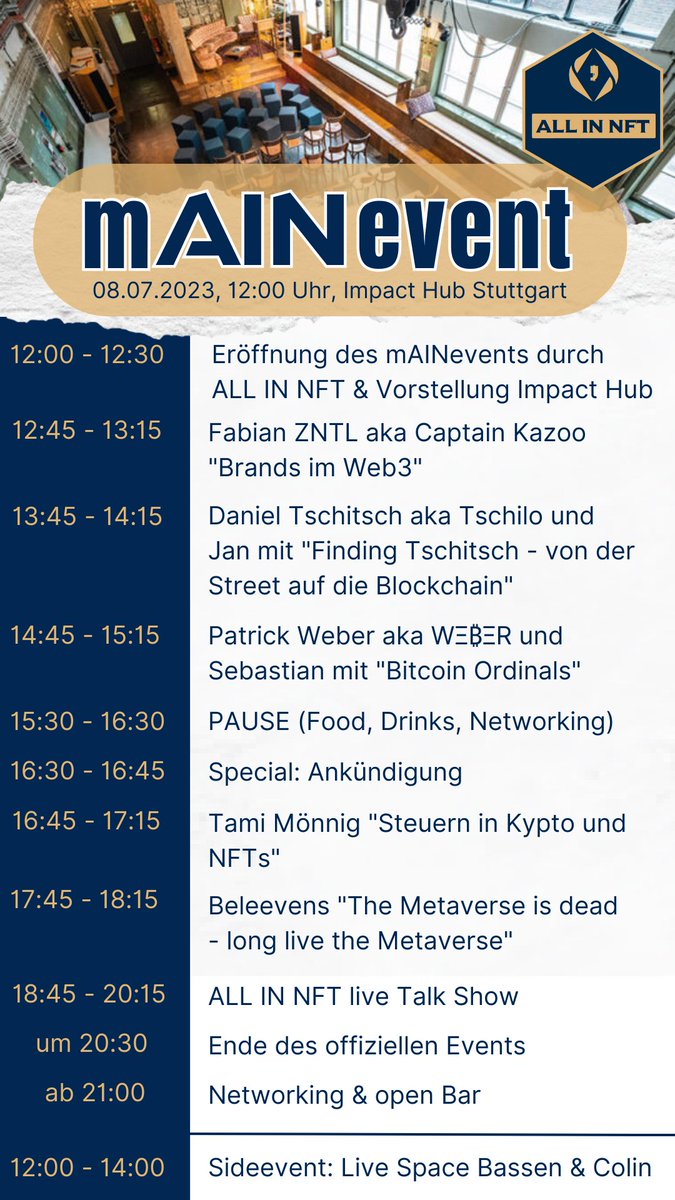 Am Samstag ist es soweit in #Stuttgart 🔥

Unser IRL Community Event startet um 12 Uhr (Einlass ab 11.30 Uhr)

Hier sind unsere Speaker für den Tag 

🎙@MicSeb91
🎙<a href="/chrizzable/">Chrizzable</a>
🎙<a href="/bLeethras/">bLee</a> 
🎙@captainkazo0
🎙<a href="/ColinLieb/">Colin Lieb .Ξ 🇪🇺/acc | NUMOS Consulting | 🤍❤️</a>
🎙<a href="/_bassen_/">bassen.eth</a>
🎙<a href="/tschitschilo/">DanielTschitsch.9dcc.eth</a>
🎙@patrickweberxyz
🎙Tami