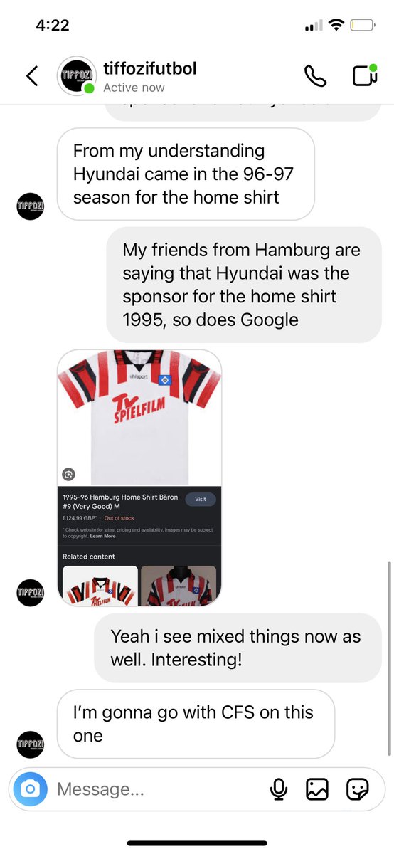 FlorianCringe's tweet photo. @HSV1887_ @JattaFanclubCEO Hier die Antwort. Er sagt Classic Football Shirts bietet das auch mit TV Spielfilm an. Glaube hier muss mal wer älteres aushelfen, der sagen kann was damals mit den beiden Sponsoren los war 😂 https://t.co/veetxUeJe6