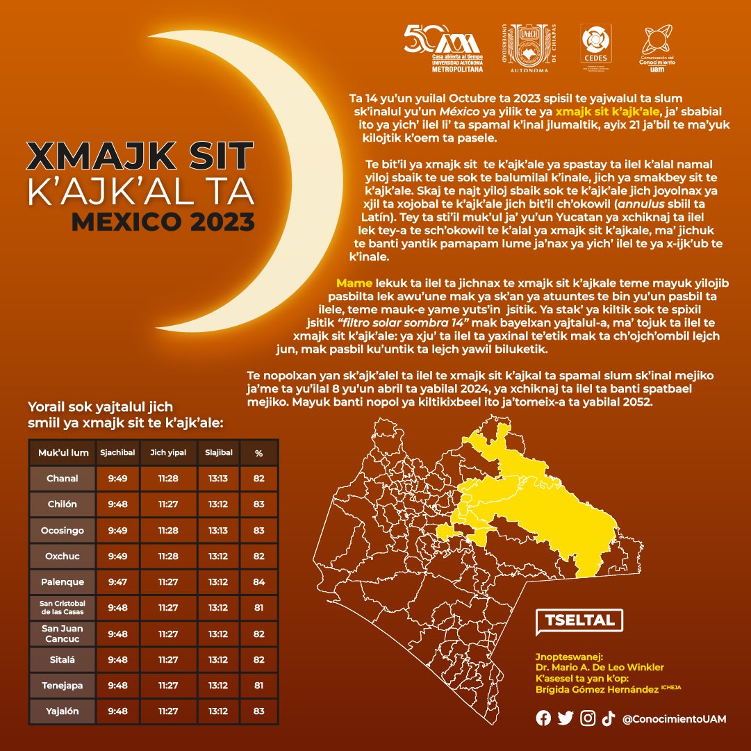 ConocimientoUAM's tweet photo. El 🗓 14 de octubre de 2023 todo México 🇲🇽 será testigo 👀 de un eclipse solar 🌞🌕.  En colaboración con la @comunica_unach, tradujimos la información a las lenguas mayenses de mayor uso en el estado. Te presentamos la versión en tseltal.

#UAM #UAM50 #ConocimientoUAM https://t.co/g9LxoMvqzx