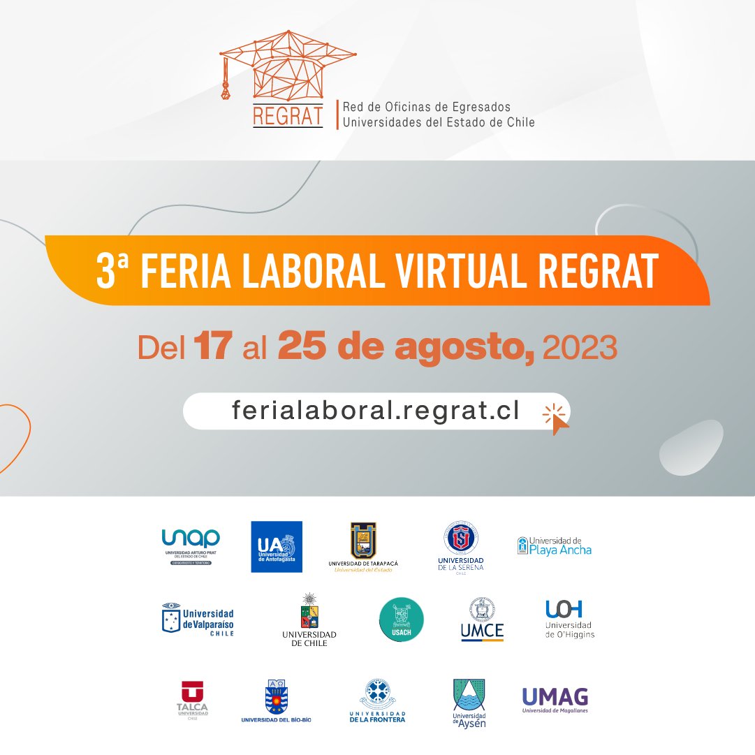 ¡Atención empresas!
Estamos a solo unas semanas de dar inicio a la emocionante feria laboral REGRAT 2023 que se realizará del 17 al 25 de agosto!

Regístrate en ferialaboral.regrat.cl/expo

¡No pierdas la oportunidad de ser parte de este evento exclusivo!