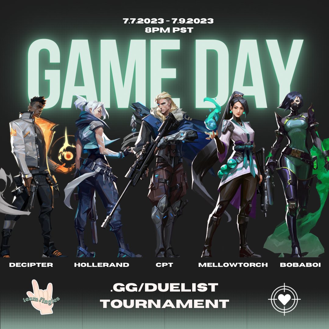 🤺Come support Team Fingies as they compete against other teams in the .gg/duelist VALORANT  tournament!💪#TFonTOP

🖕| <a href="/nullCpt/">cpt</a> 
🤘| <a href="/Decipter/">Decipter</a> 
🤘| @hoIIerand 
🤘| <a href="/TheTorch/">Mellow Torch</a>
🤘| <a href="/bobaboi01/">BobaBoi</a> 

📺: twitch.tv/decipter