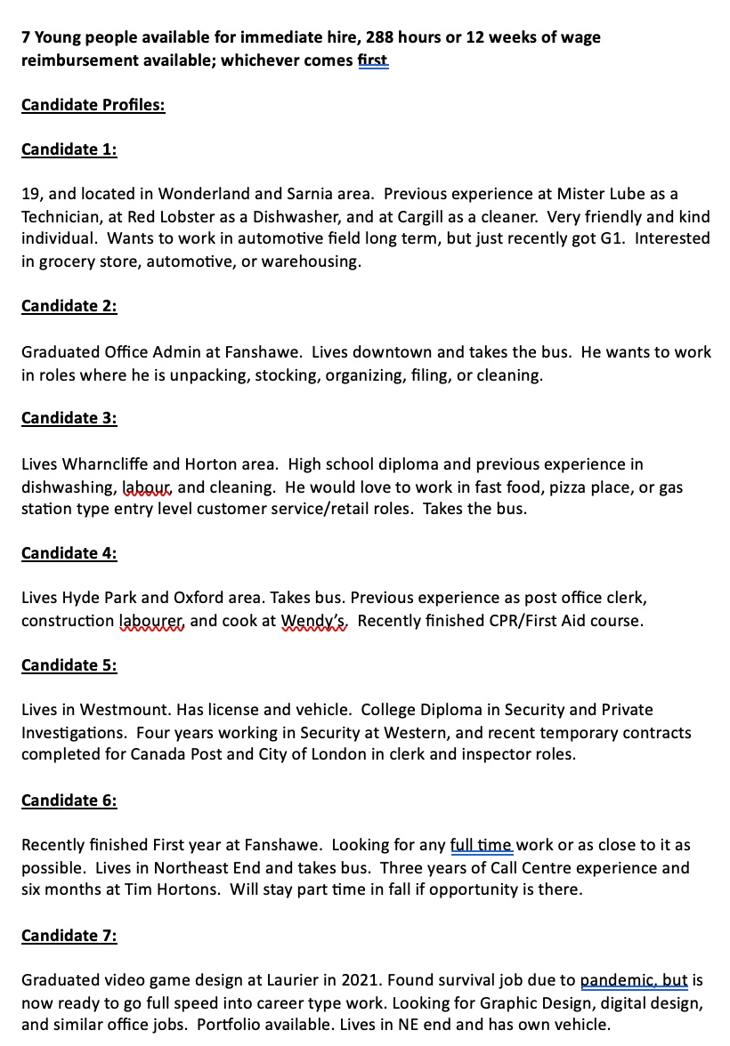 jmccall54's tweet photo. Hey #LdnOnt - I work in a program funded by the federal government to help young people find and retain employment.  I am currently looking for opportunities for 7 people, and have written a mini profile on each. Please check out if you are looking to hire and my DMs are open! https://t.co/BOhkhhewUE