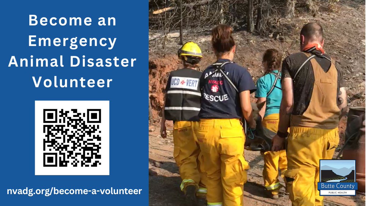 In the event of an emergency, Butte County Animal Control and <a href="/NVADG/">North Valley Animal Disaster Group</a>  has a countywide animal disaster plan, that works in coordination with local law enforcement and fire departments to safely rescue and shelter animals. Become a volunteer, visit: nvadg.org/become-a-volun…